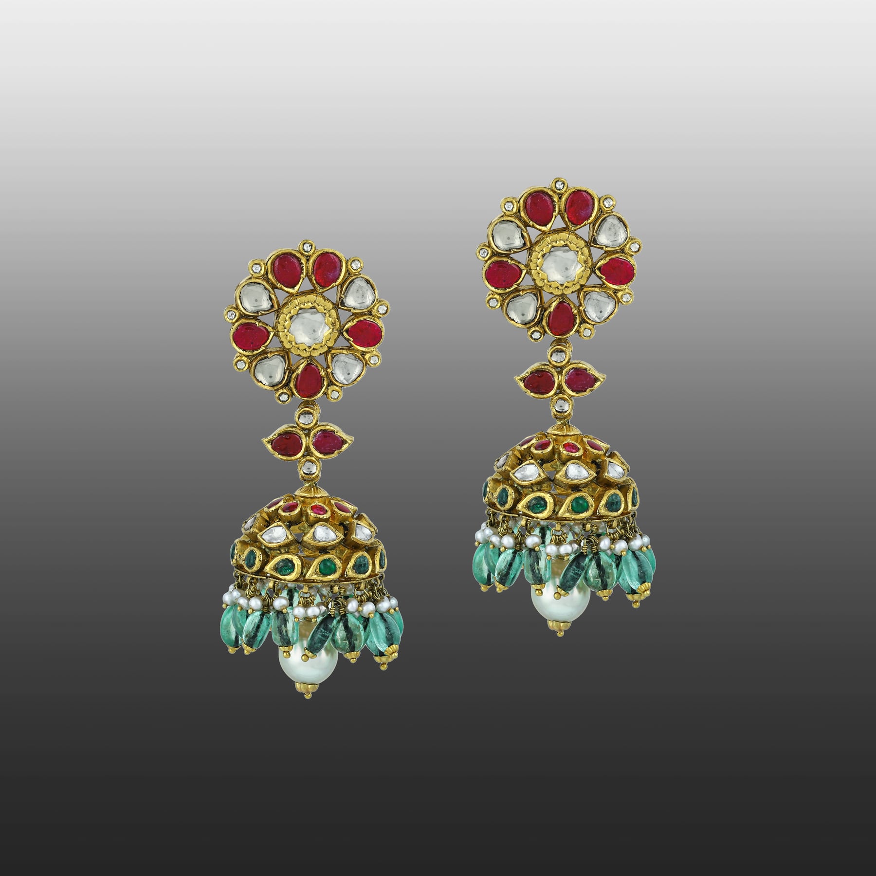 Green and Red Talaf Choker Set with Uncut Diamonds and Jhumkas
